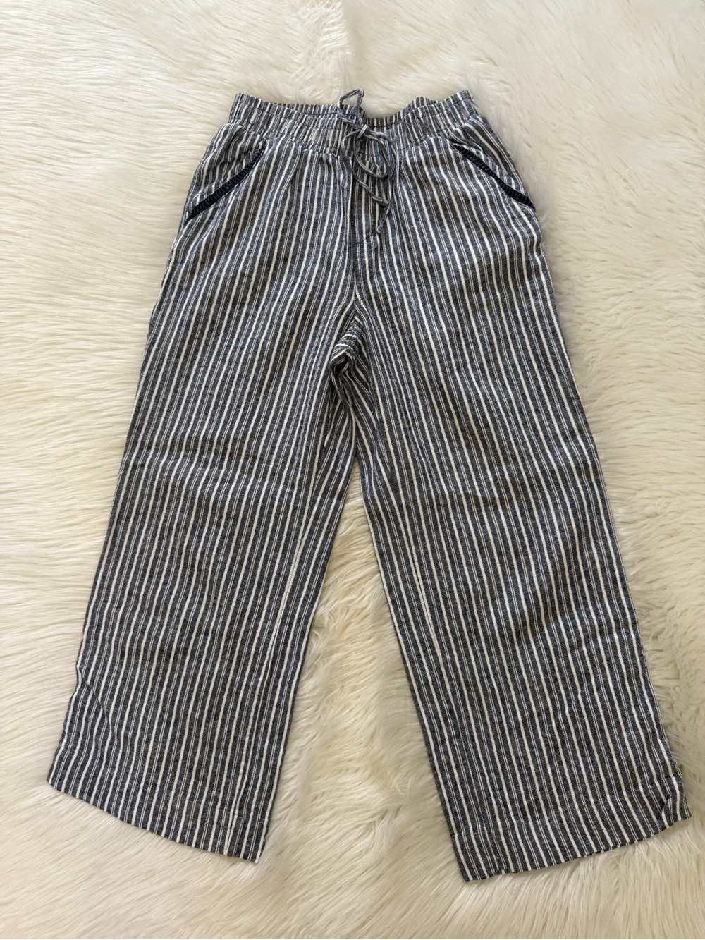 Briggs Blue & White Casual Wide-Leg Striped Drawstring Crop Pants Sz M